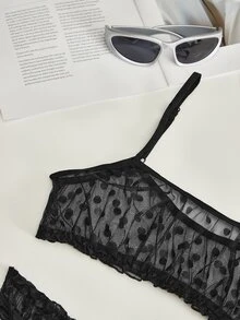 Lowkey Lull Polka Dot Mesh Frill Trim Sexy Bra & Panty Lingerie Set - Black - View 3