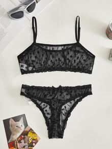 Lowkey Lull Polka Dot Mesh Frill Trim Sexy Bra & Panty Lingerie Set - Black - View 2