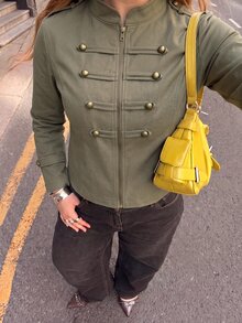 Muchica Autumn Plus-Size Women's Olive Green Solid Color Casual Streetwear Cowgirl Long-Sleeved Short Jacket Napoleon Elements Going Out Formal Holiday - Army Green - View 4