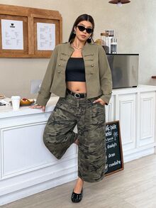 Muchica Autumn Plus-Size Women's Olive Green Solid Color Casual Streetwear Cowgirl Long-Sleeved Short Jacket Napoleon Elements Going Out Formal Holiday - Army Green - View 9