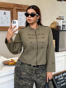 Muchica Autumn Plus-Size Women's Olive Green Solid Color Casual Streetwear Cowgirl Long-Sleeved Short Jacket Napoleon Elements Going Out Formal Holiday - Army Green - View 5