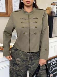 Muchica Autumn Plus-Size Women's Olive Green Solid Color Casual Streetwear Cowgirl Long-Sleeved Short Jacket Napoleon Elements Going Out Formal Holiday - Army Green - View 6