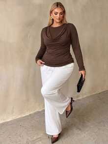 Auralis Brown Round Neck Long Sleeve Ruffle Cinched Waist Plus Size T-Shirt Elegant Casual Daily Evening High-Stretch Base Layer Office Work Women Fall - Brown - View 6