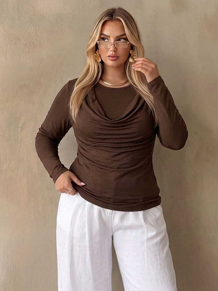 Auralis Brown Round Neck Long Sleeve Ruffle Cinched Waist Plus Size T-Shirt Elegant Casual Daily Evening High-Stretch Base Layer Office Work Women Fall
