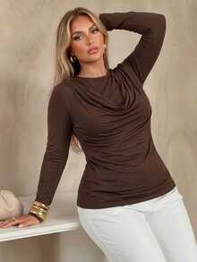 Auralis Brown Round Neck Long Sleeve Ruffle Cinched Waist Plus Size T-Shirt Elegant Casual Daily Evening High-Stretch Base Layer Office Work Women Fall - Brown - View 3