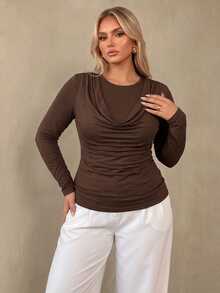 Auralis Brown Round Neck Long Sleeve Ruffle Cinched Waist Plus Size T-Shirt Elegant Casual Daily Evening High-Stretch Base Layer Office Work Women Fall - Brown - View 5
