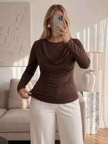 Auralis Brown Round Neck Long Sleeve Ruffle Cinched Waist Plus Size T-Shirt Elegant Casual Daily Evening High-Stretch Base Layer Office Work Women Fall - Brown - View 8