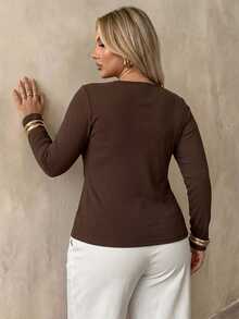 Auralis Brown Round Neck Long Sleeve Ruffle Cinched Waist Plus Size T-Shirt Elegant Casual Daily Evening High-Stretch Base Layer Office Work Women Fall - Brown - View 4
