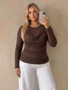 Auralis Brown Round Neck Long Sleeve Ruffle Cinched Waist Plus Size T-Shirt Elegant Casual Daily Evening High-Stretch Base Layer Office Work Women Fall - Brown - View 7