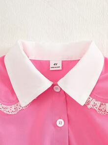 SHEIN 少女撞色甜美学院风新款连衣裙，二合一设计，梭织面料白色领子拼接粉色长袖连衣裙 - 粉色 - 查看 7