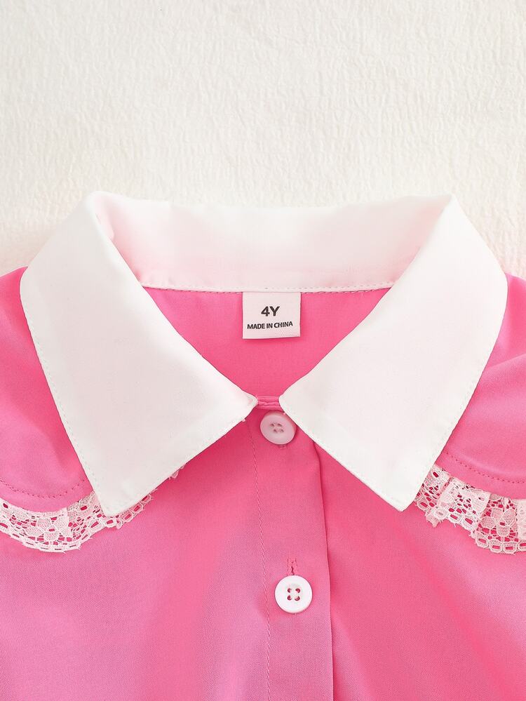 SHEIN Young Girl Contrast Color Sweet School Style New Dress, Featuring 2 In 1 Design, Woven Fabric White Collar Splice Pink Long Sleeve Dress - Pink - View 7