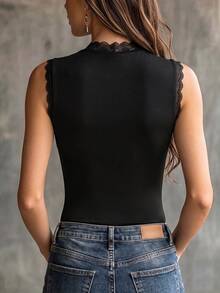 LUMIGAL French Style Semi-High Neck Lace Patchwork Sleeveless Tank Top For Women, Sexy Sheer Lace Inner Layer Base Top - Black - View 2