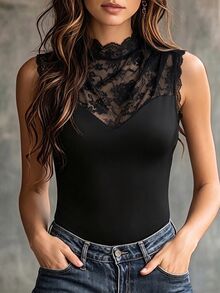 LUMIGAL French Style Semi-High Neck Lace Patchwork Sleeveless Tank Top For Women, Sexy Sheer Lace Inner Layer Base Top - Black - View 7
