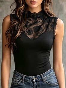 LUMIGAL French Style Semi-High Neck Lace Patchwork Sleeveless Tank Top For Women, Sexy Sheer Lace Inner Layer Base Top - Black - View 6
