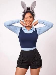 Enliva Plus Size Women's Faux Two Pieces Long Sleeve Collared T Shirt Layered Look Halloween Inspired Easy Cosplay Top Flattering Compatible With Apple Shape - Blue - View 10