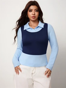 Enliva Plus Size Women's Faux Two Pieces Long Sleeve Collared T Shirt Layered Look Halloween Inspired Easy Cosplay Top Flattering Compatible With Apple Shape - Blue - View 3