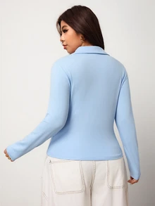 Enliva Plus Size Women's Faux Two Pieces Long Sleeve Collared T Shirt Layered Look Halloween Inspired Easy Cosplay Top Flattering Compatible With Apple Shape - Blue - View 2