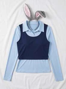 Enliva Plus Size Women's Faux Two Pieces Long Sleeve Collared T Shirt Layered Look Halloween Inspired Easy Cosplay Top Flattering Compatible With Apple Shape - Blue - View 9