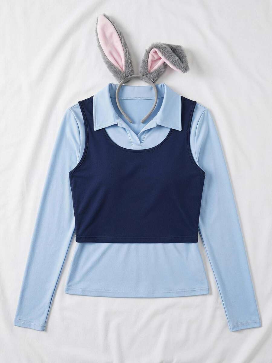 Enliva 大尺碼女款 2 合 1 長袖領口 T 恤 層次感設計 萬聖節風格 簡易 Cosplay 上衣 修身顯瘦 適合蘋果型身材 - 藍色 - 查看 1