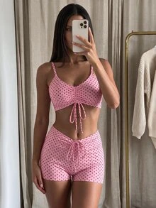 Costavie Women's Summer Beach Polka Dot Ruffle Spaghetti Strap Bikini And Shorts Two-Piece Swimwear Set - Pink - View 1