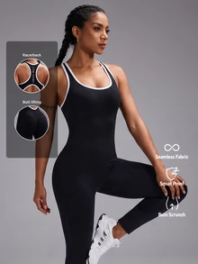 Powerista Women's Summer&Spring Gym&Fitness Sportswear White Letter Print Black And Write Color Block  Backless Tight Seamless Breathable Long Jumpsuit - Black and White - View 1