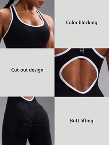 Powerista Women's Summer&Spring Gym&Fitness Sportswear White Letter Print Black And Write Color Block  Backless Tight Seamless Breathable Long Jumpsuit - Black and White - View 5