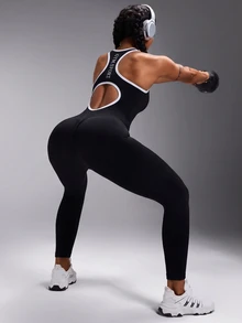 Powerista Women's Summer&Spring Gym&Fitness Sportswear White Letter Print Black And Write Color Block  Backless Tight Seamless Breathable Long Jumpsuit - Black and White - View 8