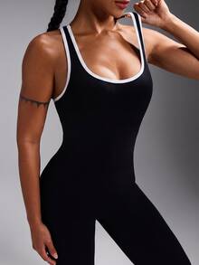Powerista Women's Summer&Spring Gym&Fitness Sportswear White Letter Print Black And Write Color Block  Backless Tight Seamless Breathable Long Jumpsuit - Black and White - View 4