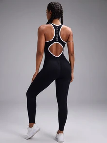 Powerista Women's Summer&Spring Gym&Fitness Sportswear White Letter Print Black And Write Color Block  Backless Tight Seamless Breathable Long Jumpsuit - Black and White - View 7