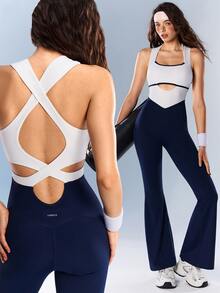 VARSIVA Jumpsuit Olahraga Wanita dengan Potongan Garis-garis dan Blok Warna serta Kaki Mengembang - MultiWarna - View 2