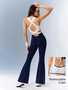 VARSIVA Jumpsuit Olahraga Wanita dengan Potongan Garis-garis dan Blok Warna serta Kaki Mengembang - MultiWarna - View 10