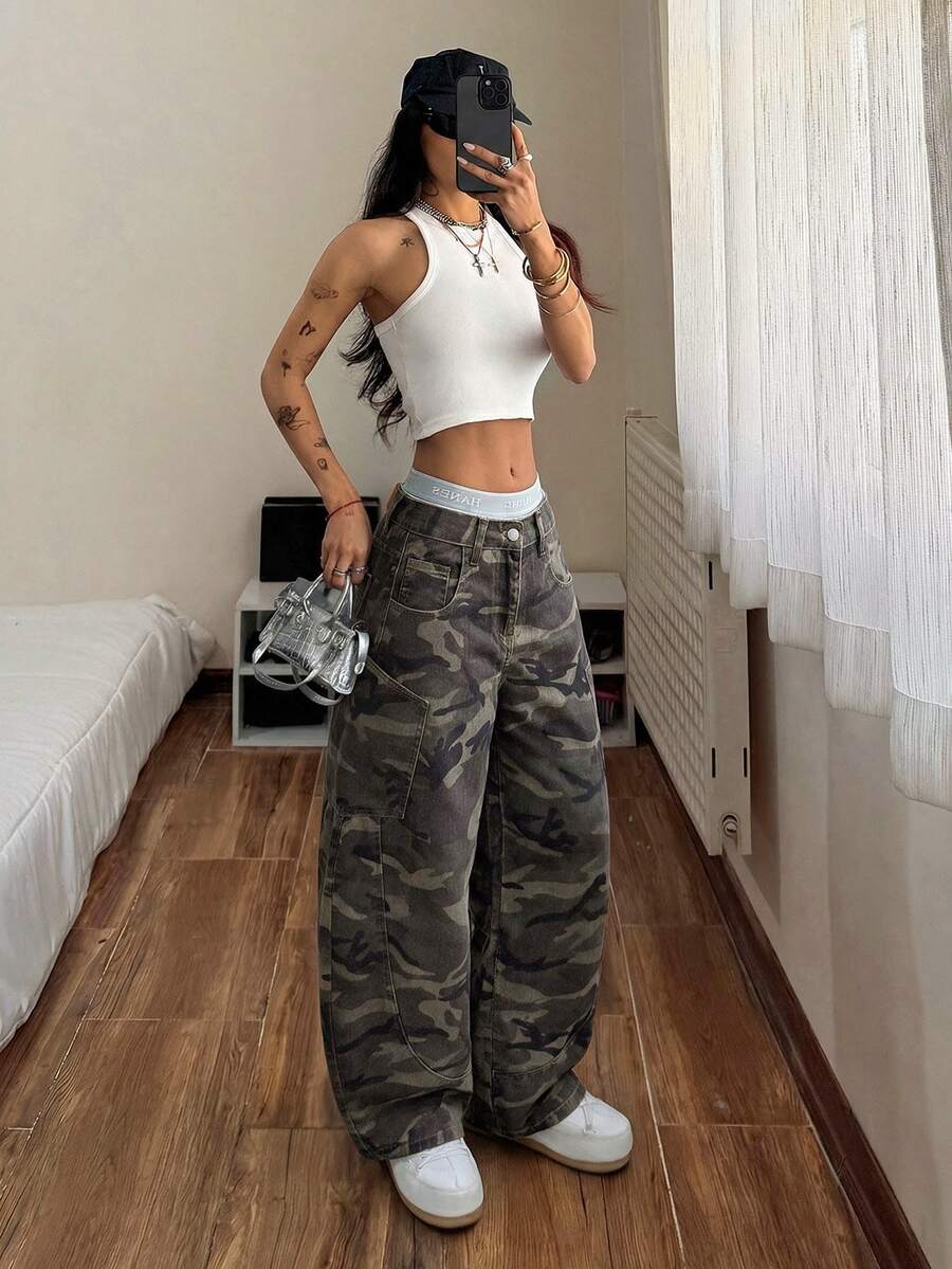 SHEIN Women's Camouflage Pattern Fashion Loose Fit Jeans - Multicolor - View 1