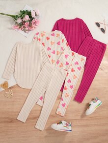 SHEIN Genkimix Kids 3 Sets 6Pcs Girls Casual Outfit, Ribbed Long Sleeve Tops & Pants, Solid & Heart Print Designs, Multi Matching Sets, For Daily Wear, Spring & Autumn - Multicolor - View 2