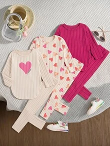 SHEIN Genkimix Kids 3 Sets 6Pcs Girls Casual Outfit, Ribbed Long Sleeve Tops & Pants, Solid & Heart Print Designs, Multi Matching Sets, For Daily Wear, Spring & Autumn - Multicolor - View 3