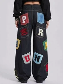 Paul Frank X ROMWE Collaboration Autumn/Winter Street Punk Retro Patchwork Embroidery Colorful Contrast Patchwork Embroidery Loose Straight Low Waist Denim Jeans - Blue - View 1