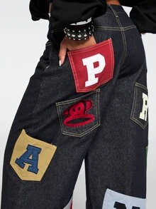 Paul Frank X ROMWE Collaboration Autumn/Winter Street Punk Retro Patchwork Embroidery Colorful Contrast Patchwork Embroidery Loose Straight Low Waist Denim Jeans - Blue - View 4