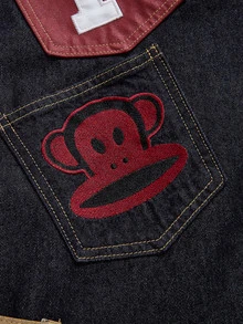 Paul Frank X ROMWE Collaboration Autumn/Winter Street Punk Retro Patchwork Embroidery Colorful Contrast Patchwork Embroidery Loose Straight Low Waist Denim Jeans - Blue - View 7