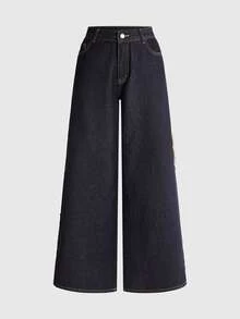Paul Frank X ROMWE Collaboration Autumn/Winter Street Punk Retro Patchwork Embroidery Colorful Contrast Patchwork Embroidery Loose Straight Low Waist Denim Jeans - Blue - View 5