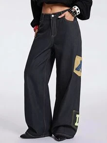 Paul Frank X ROMWE Collaboration Autumn/Winter Street Punk Retro Patchwork Embroidery Colorful Contrast Patchwork Embroidery Loose Straight Low Waist Denim Jeans - Blue - View 2