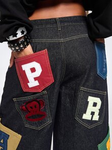 Paul Frank X ROMWE Collaboration Autumn/Winter Street Punk Retro Patchwork Embroidery Colorful Contrast Patchwork Embroidery Loose Straight Low Waist Denim Jeans - Blue - View 3