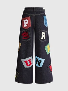 Paul Frank X ROMWE Collaboration Autumn/Winter Street Punk Retro Patchwork Embroidery Colorful Contrast Patchwork Embroidery Loose Straight Low Waist Denim Jeans - Blue - View 6