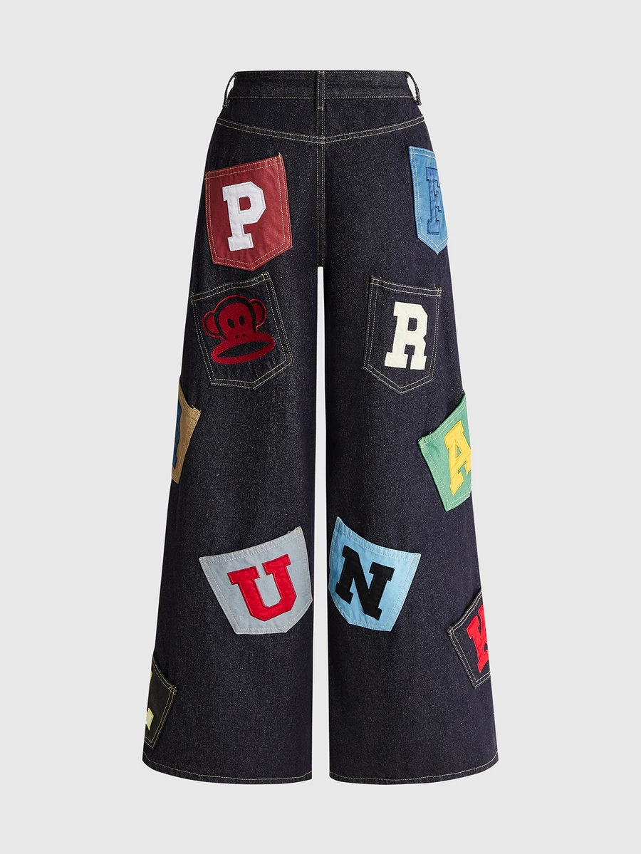 Paul Frank X ROMWE Collaboration Autumn/Winter Street Punk Retro Patchwork Embroidery Colorful Contrast Patchwork Embroidery Loose Straight Low Waist Denim Jeans - Blue - View 1