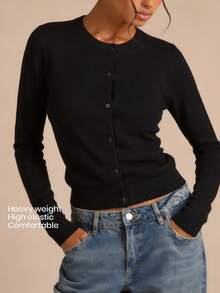 YARNWELL Women's Fashion Solid Color Casual Single-Breasted Long Sleeve Knit Thin Cardigan - Black - View 8