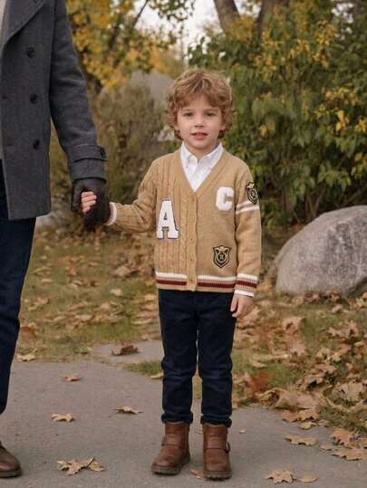 SHEIN Young Boy Autumn/Winter Casual Colorblock Striped Patchwork Cardigan