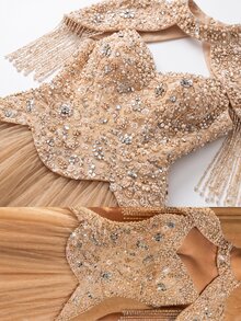 Aureia Elegant Luxurious Beaded & Sequin Floral Detachable Outer Jacket & Tulle Maxi Skirt Party Vacation Wedding - Champagne - View 10