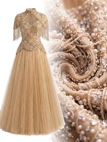 Aureia Elegant Luxurious Beaded & Sequin Floral Detachable Outer Jacket & Tulle Maxi Skirt Party Vacation Wedding - Champagne - View 11