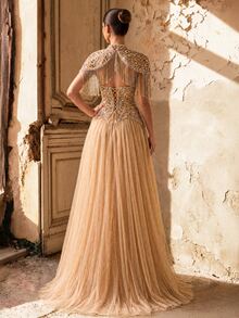 Aureia Elegant Luxurious Beaded & Sequin Floral Detachable Outer Jacket & Tulle Maxi Skirt Party Vacation Wedding - Champagne - View 4