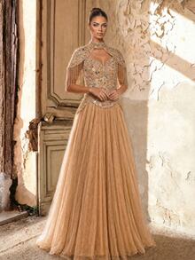 Aureia Elegant Luxurious Beaded & Sequin Floral Detachable Outer Jacket & Tulle Maxi Skirt Party Vacation Wedding - Champagne - View 5