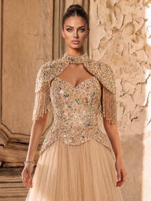 Aureia Elegant Luxurious Beaded & Sequin Floral Detachable Outer Jacket & Tulle Maxi Skirt Party Vacation Wedding - Champagne - View 8