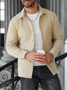 Manfinity CasualCool 男士长袖翻领衬衫，纯色抓绒卡其色休闲上衣，秋冬季，男友礼物；男士针织纽扣米色衬衫，休闲香槟色，复古绅士风，适合日常休闲、周末旅行、户外活动、探险旅行、轻松的工作环境或半正式场合，男友/丈夫礼物，周年纪念/生日礼物，派对、圣诞节、新年、婚礼礼物 - 卡其色 - 查看 2